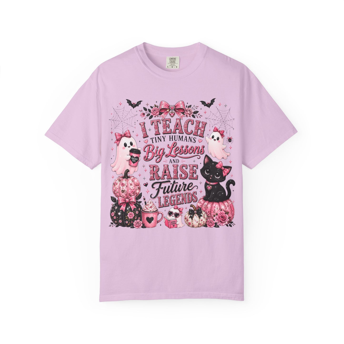 I Teach Tiny Humans Halloween Teacher Shirt | Cute Pink Ghost Comfort Colors Tee | Teacher Gift | Halloween Cat T-Shirt