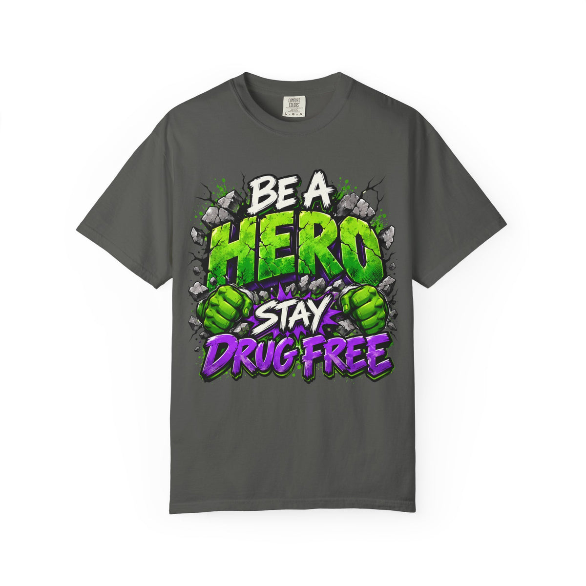 Red Ribbon Week teacher shirt - green smash Be a Hero Stay Drug Free design on black Comfort Colors tee - close-up detail