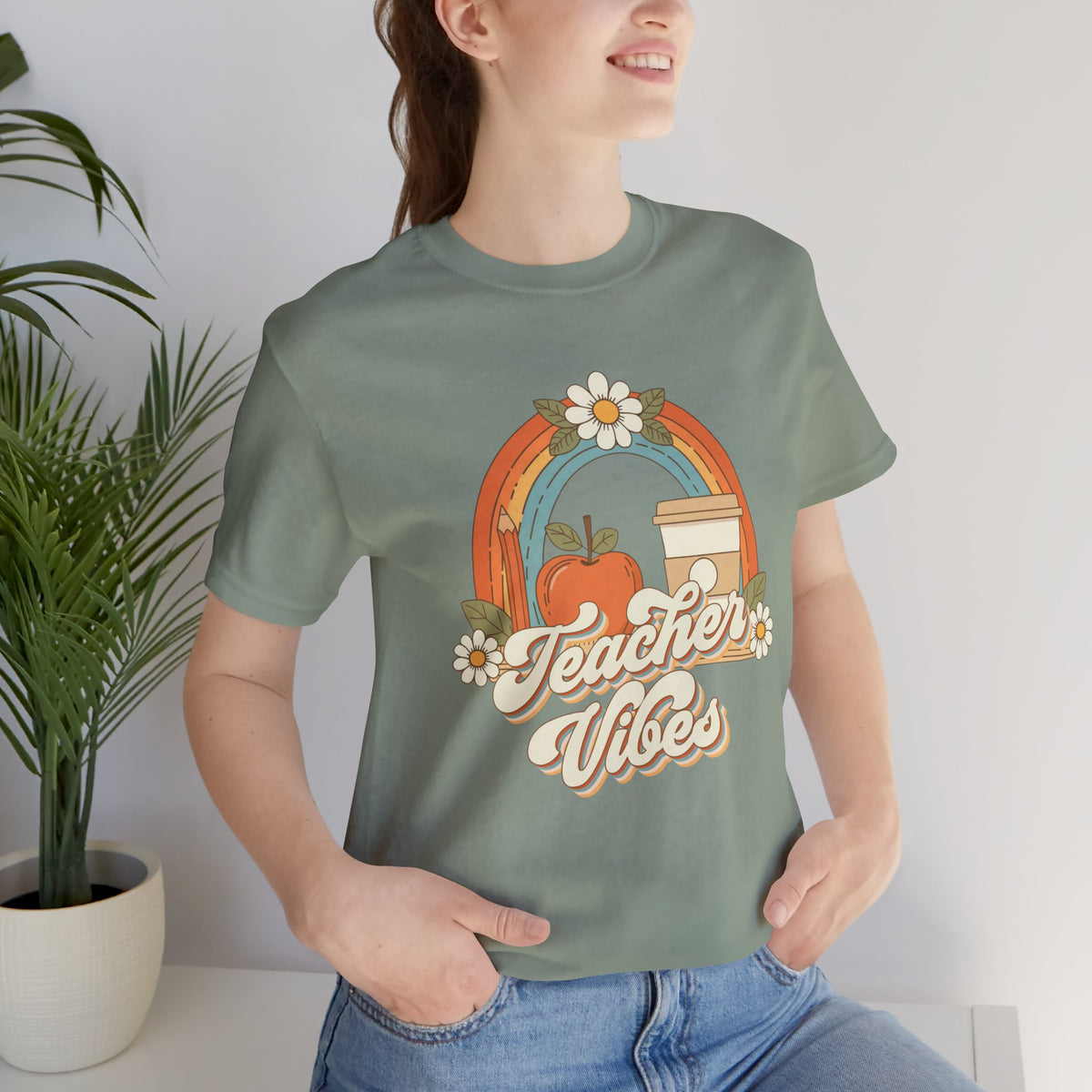 Teacher Vibes retro rainbow apple coffee teacher shirt – color variant 9