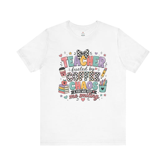 Teacher Fueled by Coffee and Chaos funny teacher t-shirt – front view