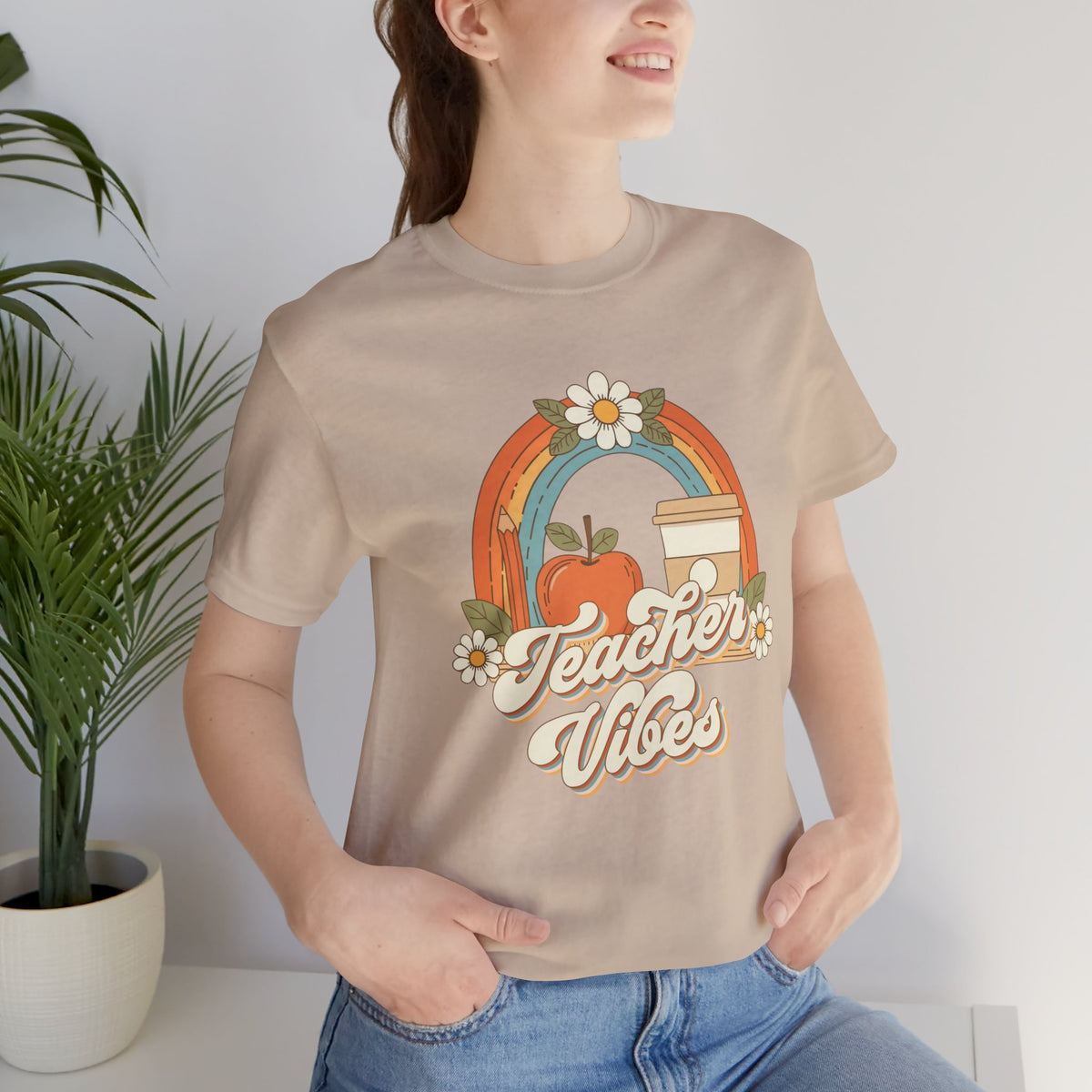 Teacher Vibes retro rainbow apple coffee teacher shirt – color variant 7