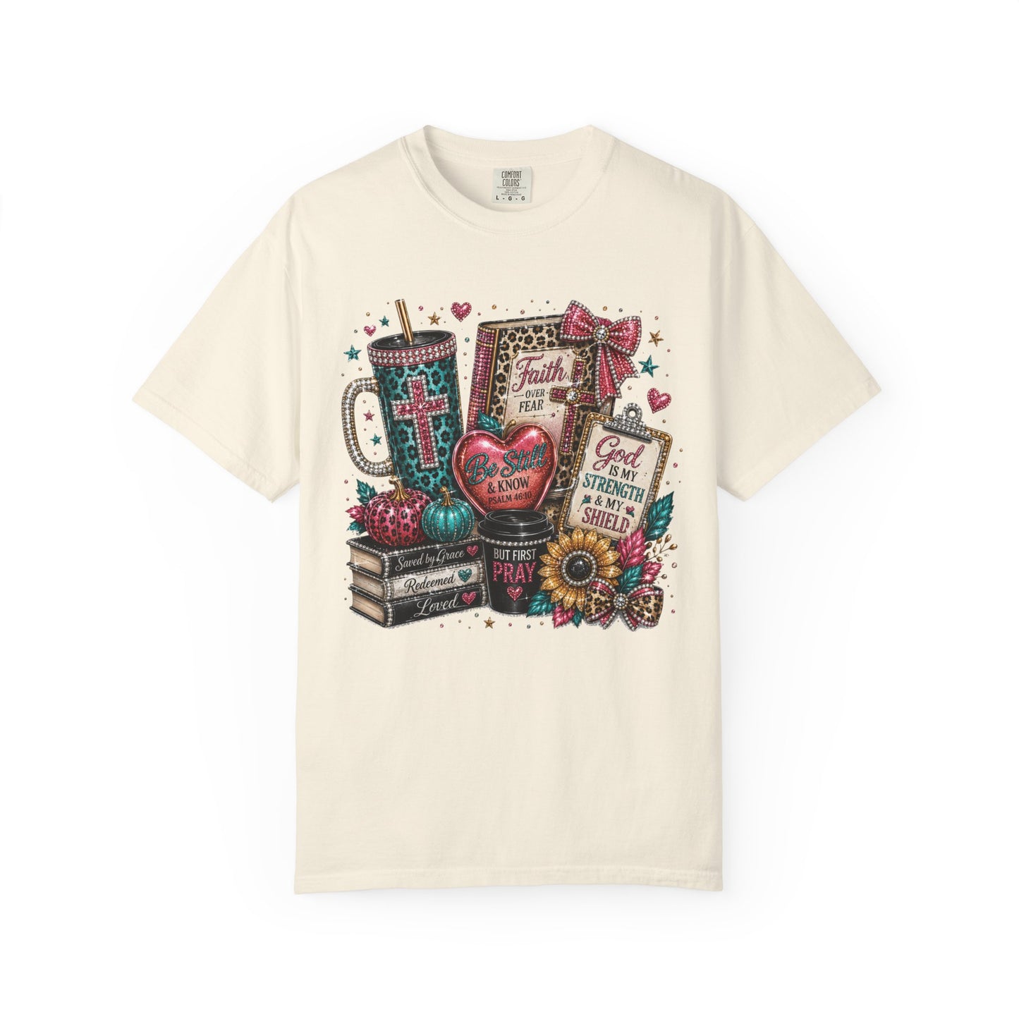 Faith Collage T-Shirt | Christian Cross, Bible, Prayer, Floral Graphics