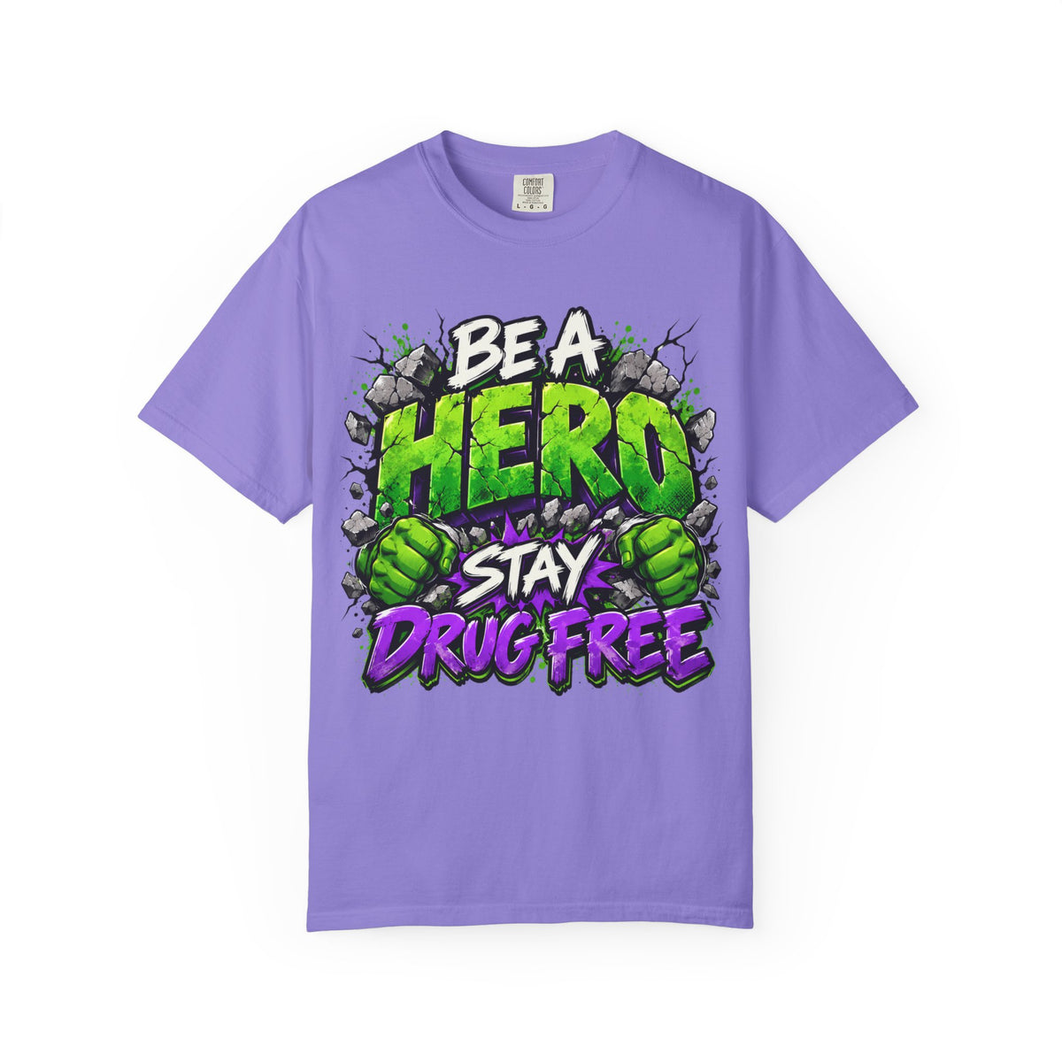 Red Ribbon Week teacher shirt - green smash Be a Hero Stay Drug Free design on black Comfort Colors tee - flat lay