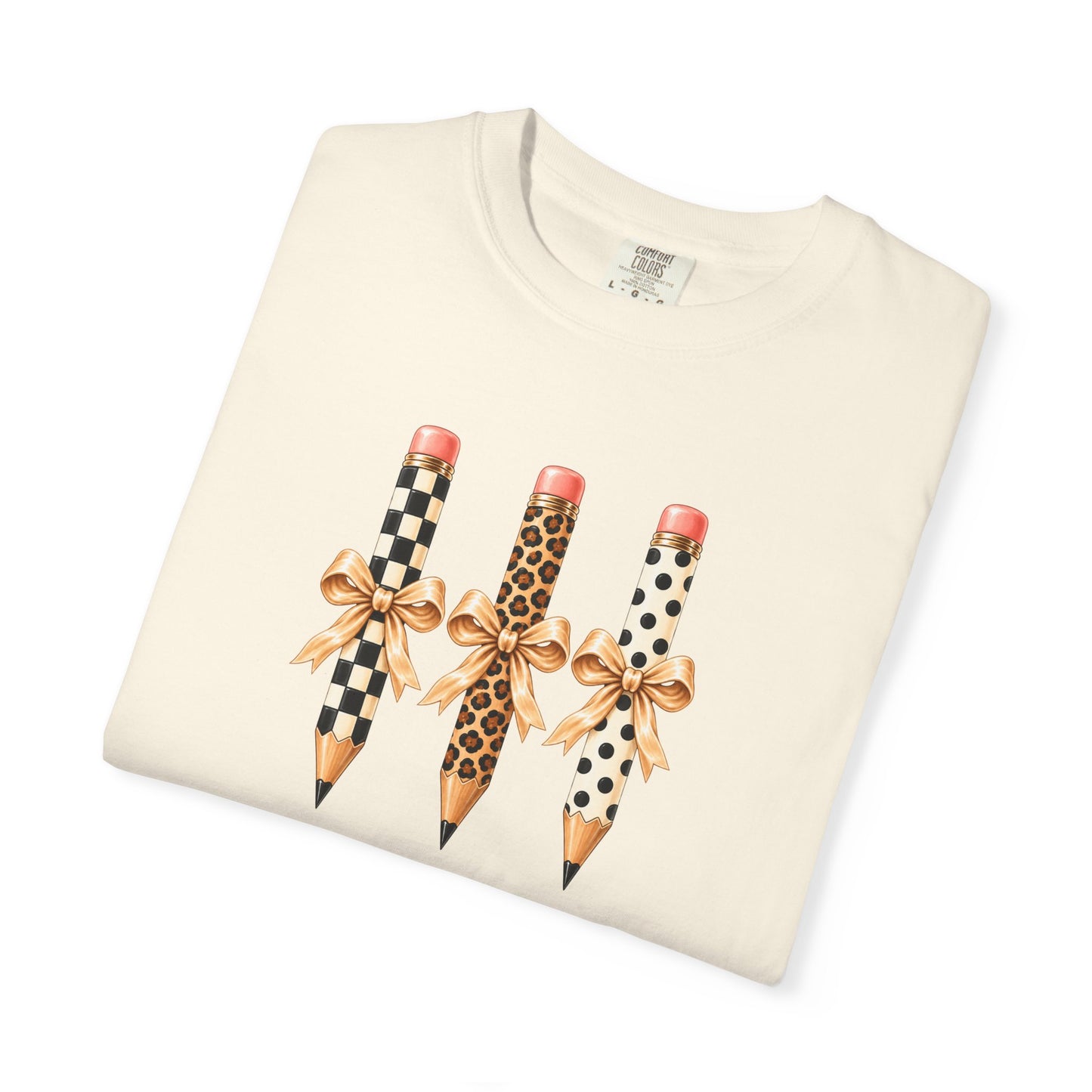 Patterned Pencils with Gold Bows T-shirt | Leopard Checker Polka Dot Pencil Art