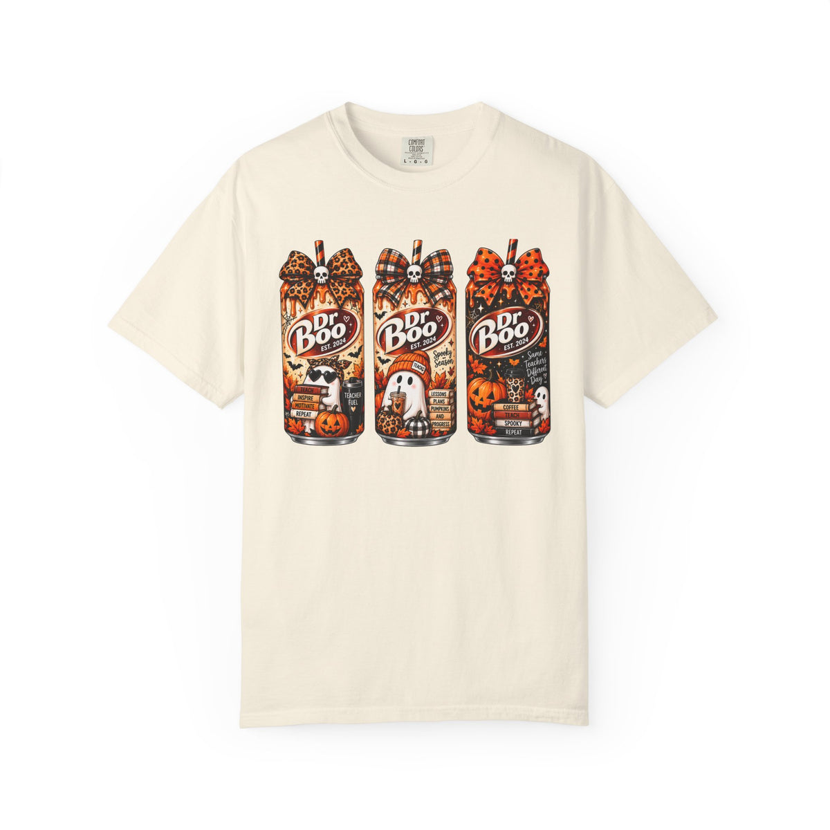 Ivory Comfort Colors 1717 Halloween teacher shirt with retro spooky drink graphic.