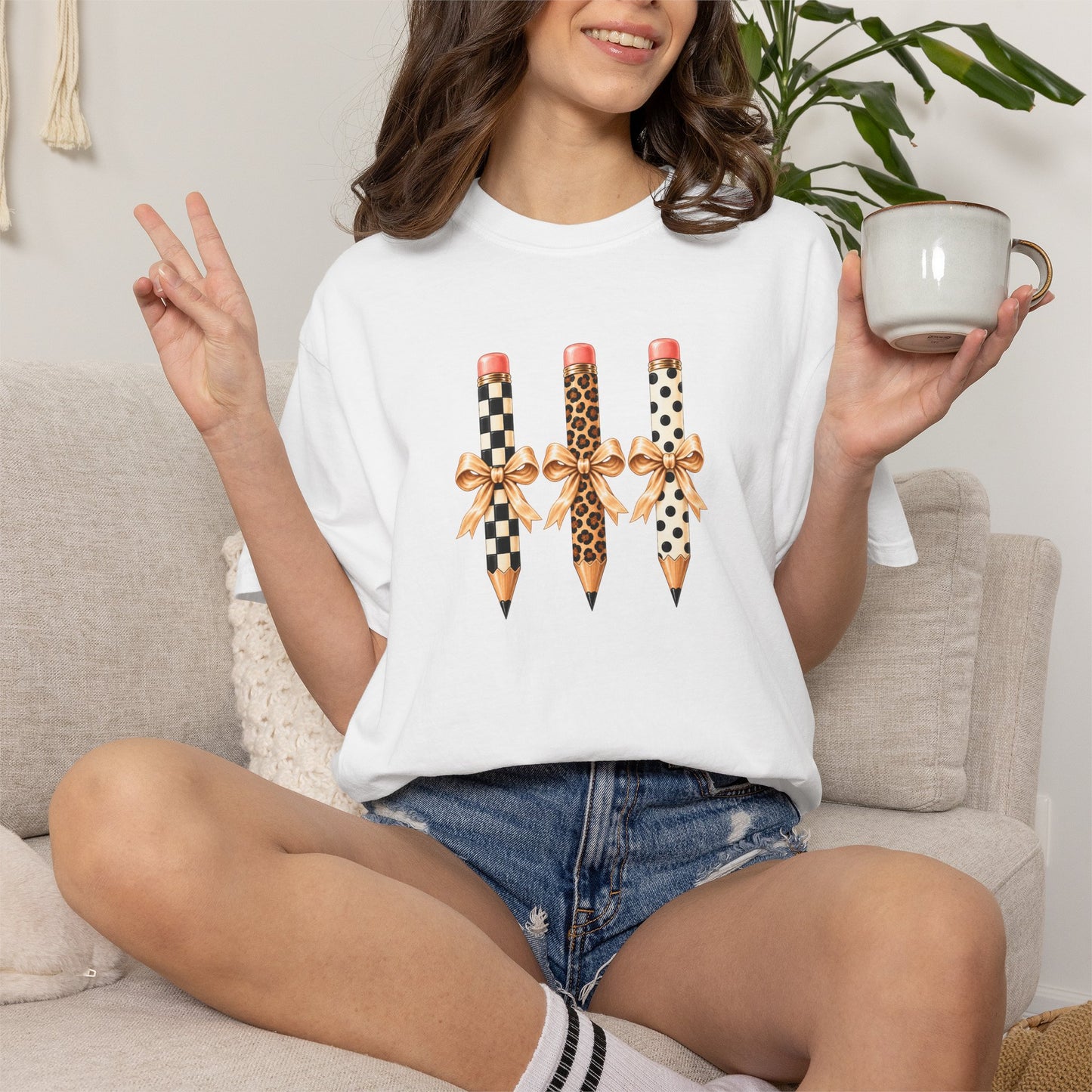 Patterned Pencils with Gold Bows T-shirt | Leopard Checker Polka Dot Pencil Art