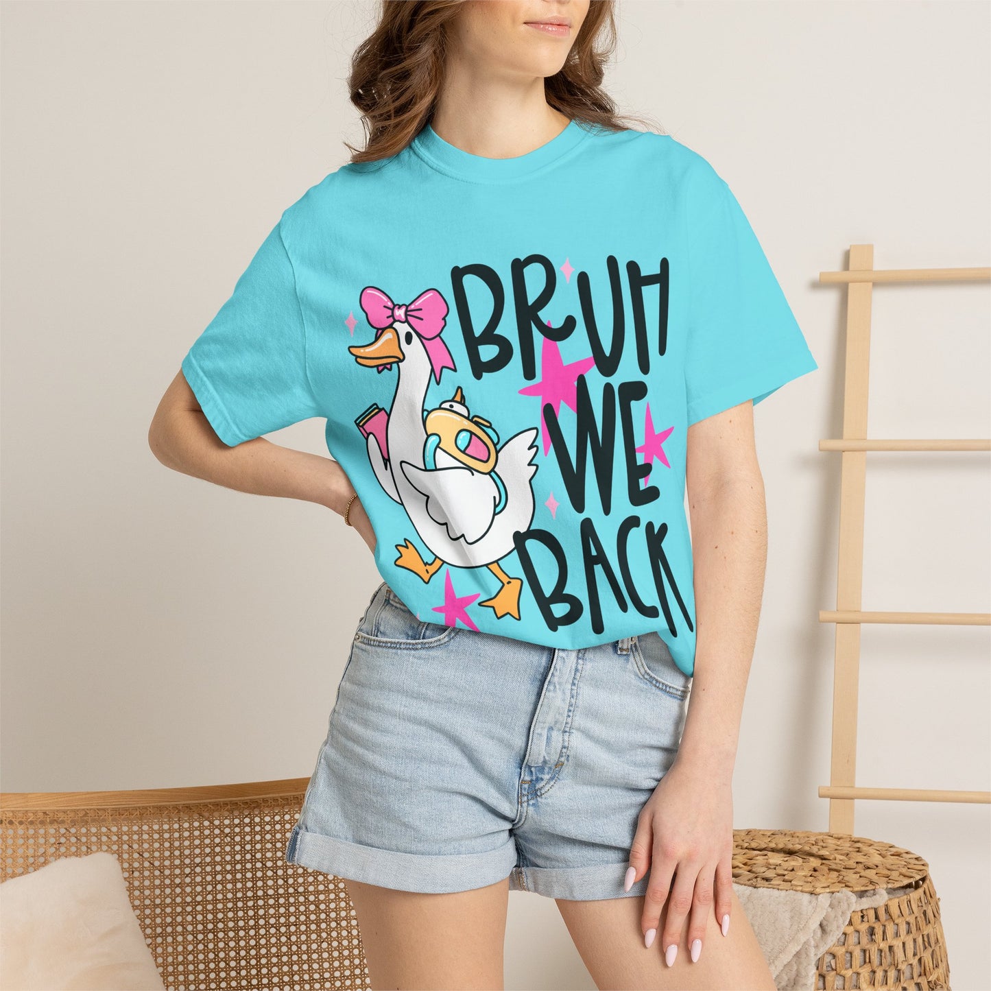 Bruh We Back Duck T-shirt | Cute Retro Cartoon, Pink Stars