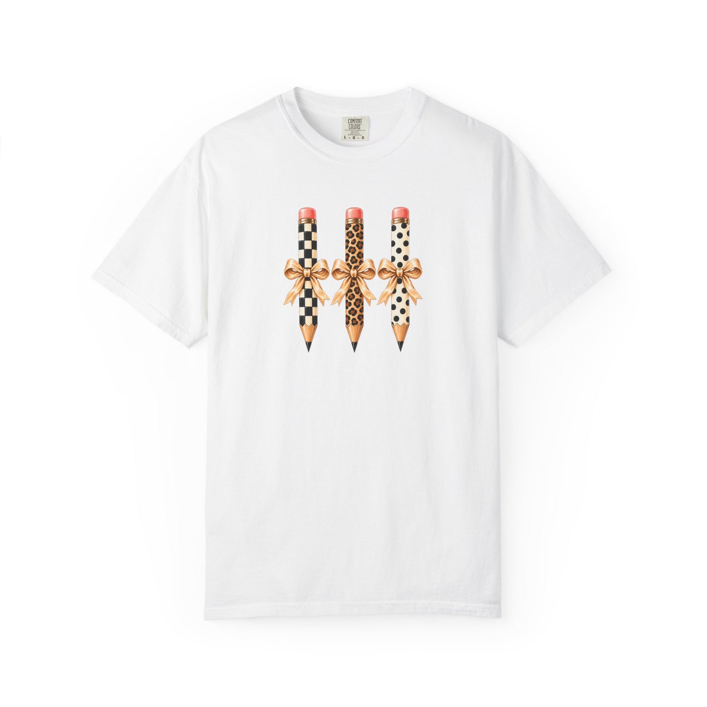 Patterned Pencils with Gold Bows T-shirt | Leopard Checker Polka Dot Pencil Art