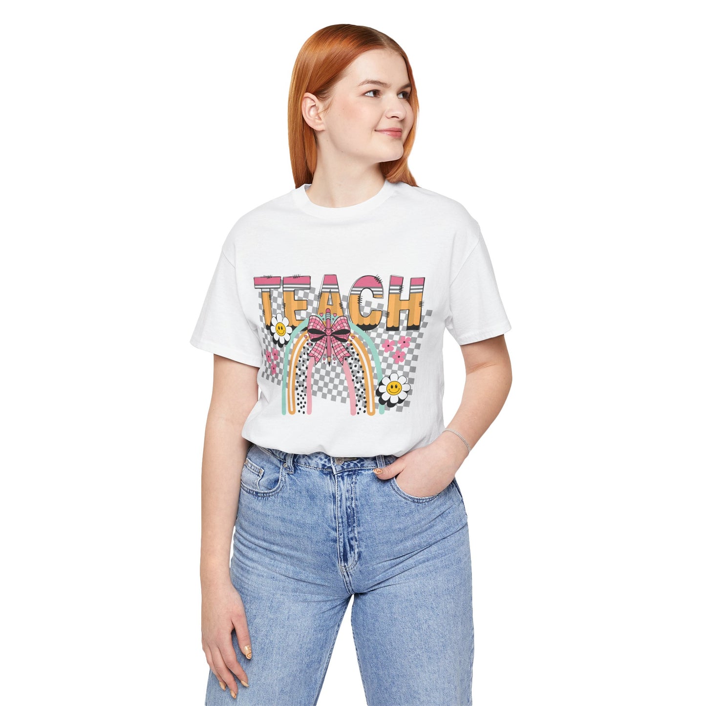 Teach Rainbow T-Shirt — Cute Retro Teacher Tee with Checkered Pattern