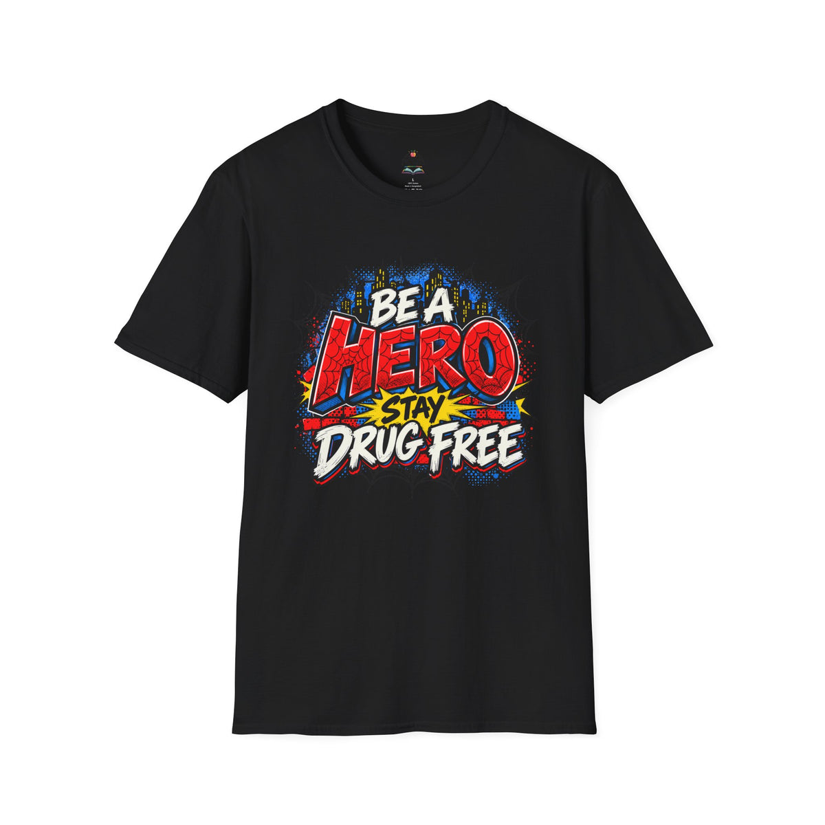 Red Ribbon Week teacher shirt - spider web Be a Hero Stay Drug Free superhero design on black Gildan Softstyle tee - front view