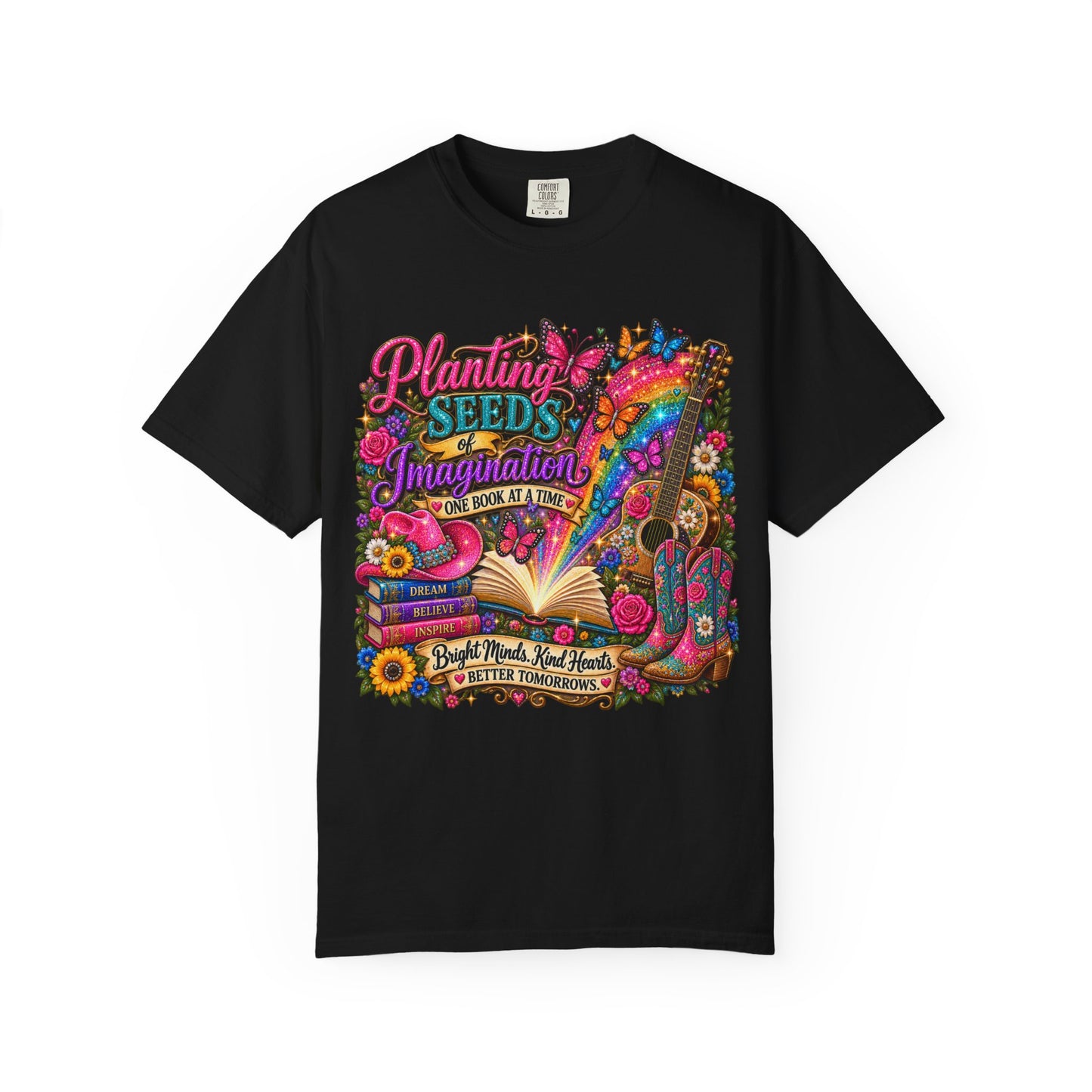 Planting Seeds of Imagination T-shirt, Colorful Book & Boots, Country Western, Guitar Tee