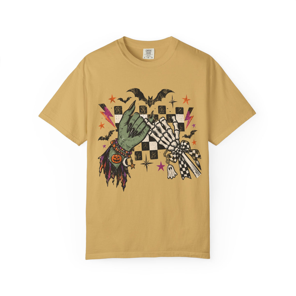 Mustard Comfort Colors 1717 Halloween Pinky Promise shirt with witch and skeleton hand graphic