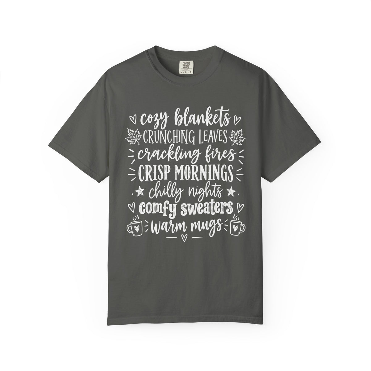 Cozy Fall autumn favorites teacher tee – close-up detail
