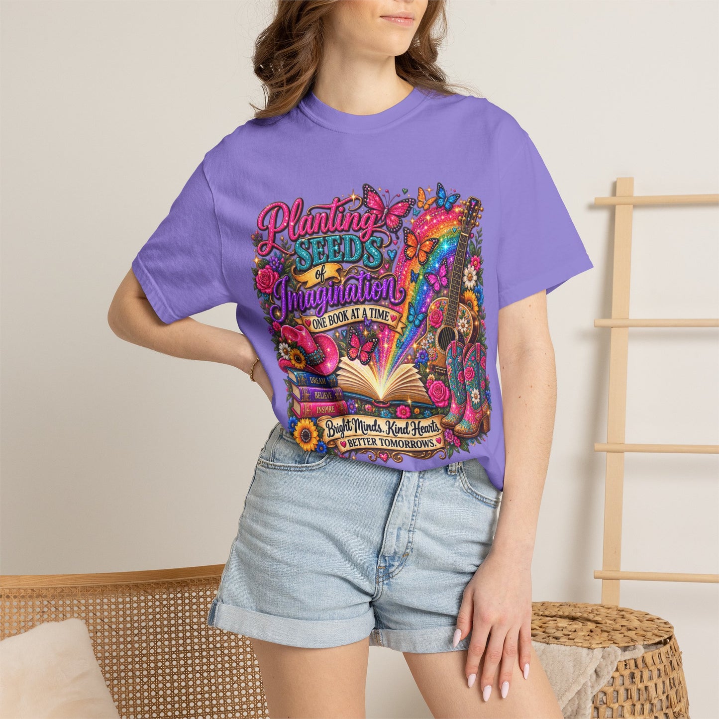 Planting Seeds of Imagination T-shirt, Colorful Book & Boots, Country Western, Guitar Tee