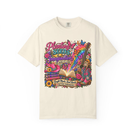 Planting Seeds of Imagination T-shirt, Colorful Book & Boots, Country Western, Guitar Tee