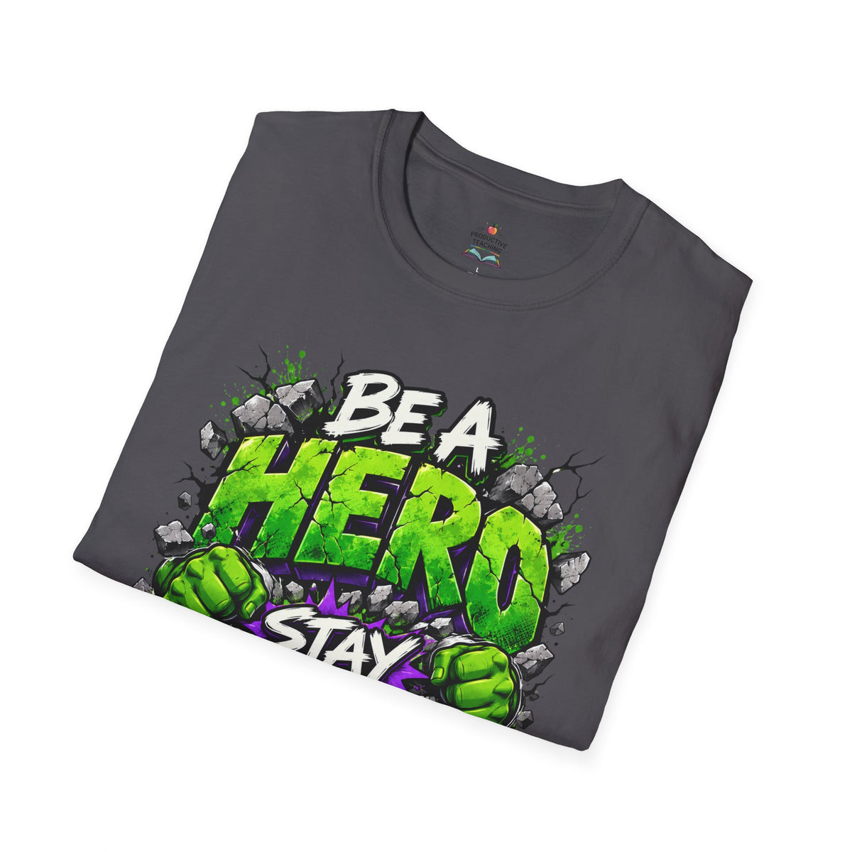 Red Ribbon Week teacher shirt - green smash Be a Hero Stay Drug Free superhero design on charcoal Gildan Softstyle tee - folded view