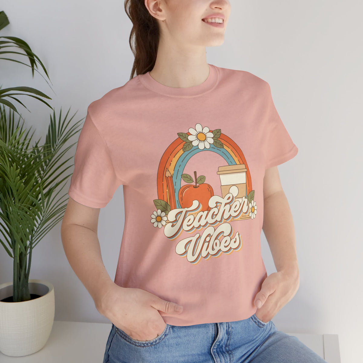 Teacher Vibes retro rainbow apple coffee teacher shirt – color variant 6