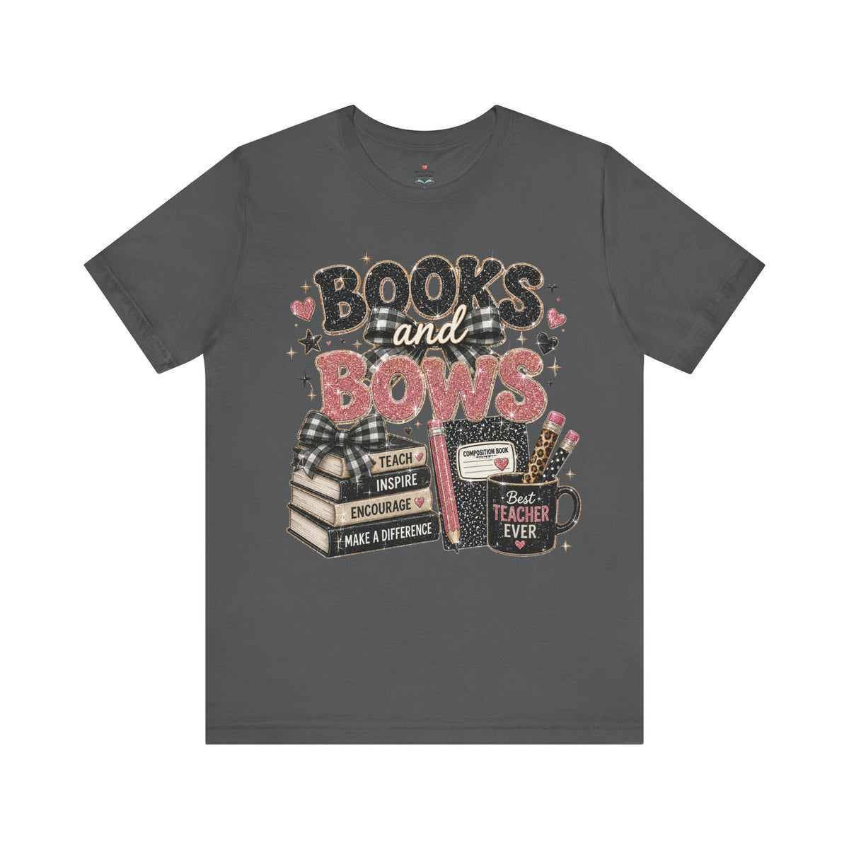 Books and Bows reading teacher t-shirt – back view