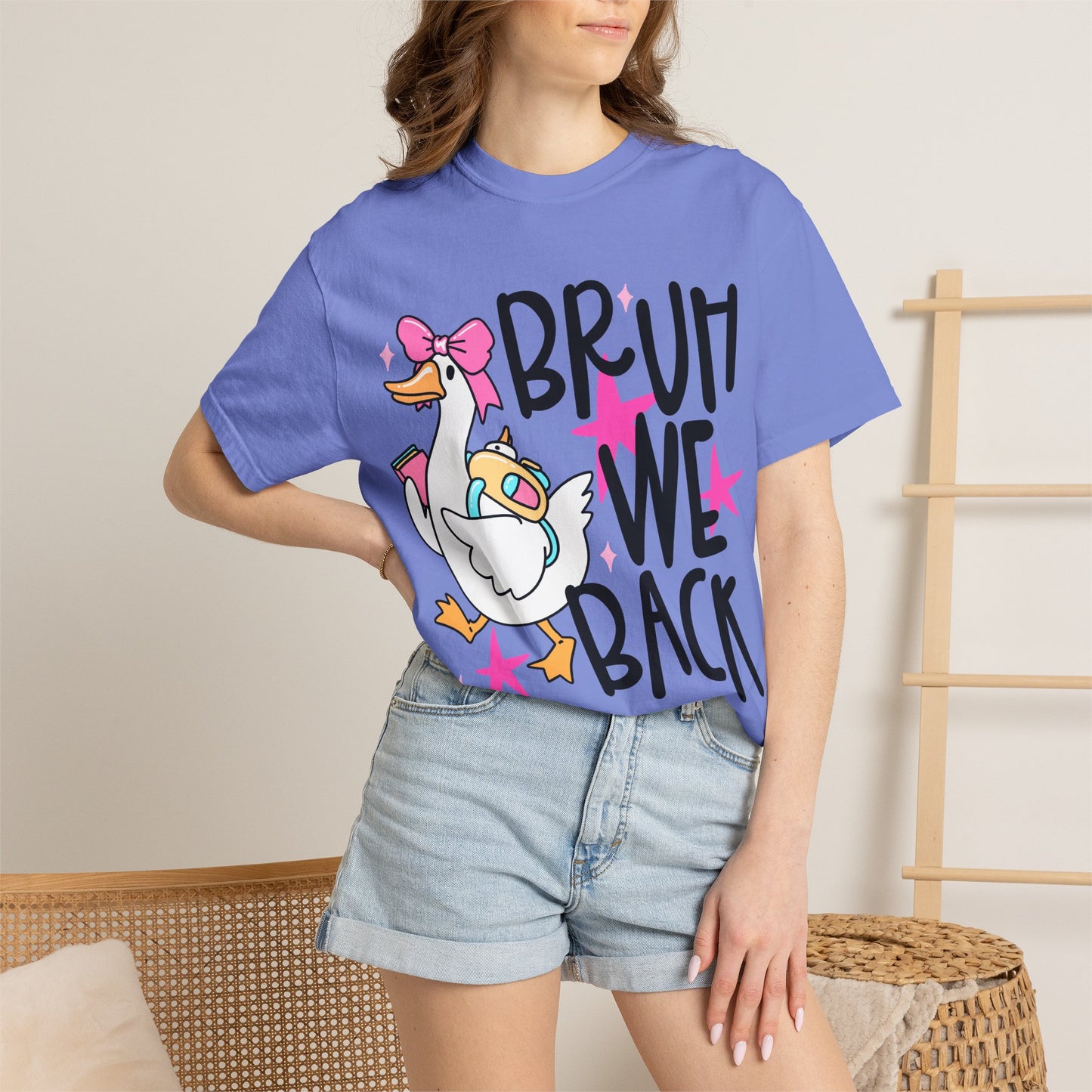 Bruh We Back Duck T-shirt | Cute Retro Cartoon, Pink Stars