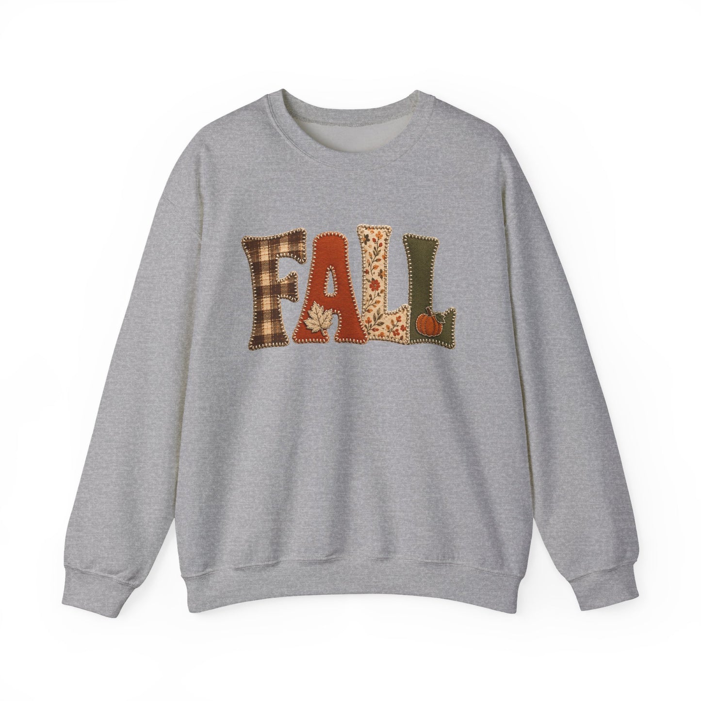 Fall Patchwork Letter Sweatshirt, Autumn Plaid Pumpkin Leaves, Cozy Unisex Crewneck