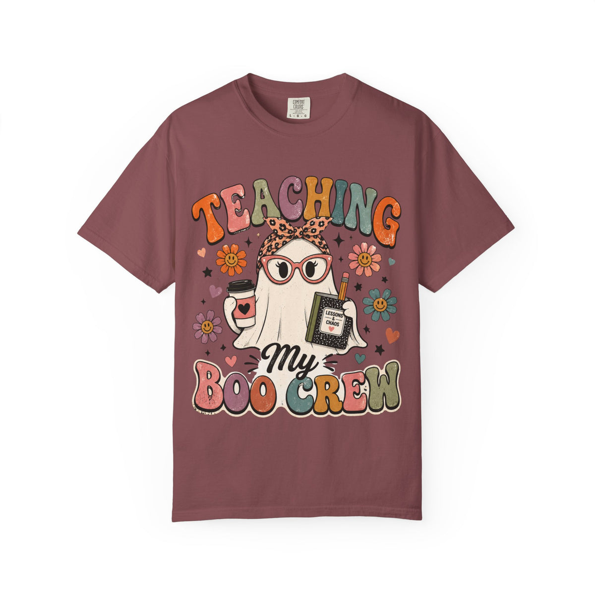 Brick Comfort Colors 1717 Teaching My Boo Crew Halloween teacher shirt with retro spooky graphic.