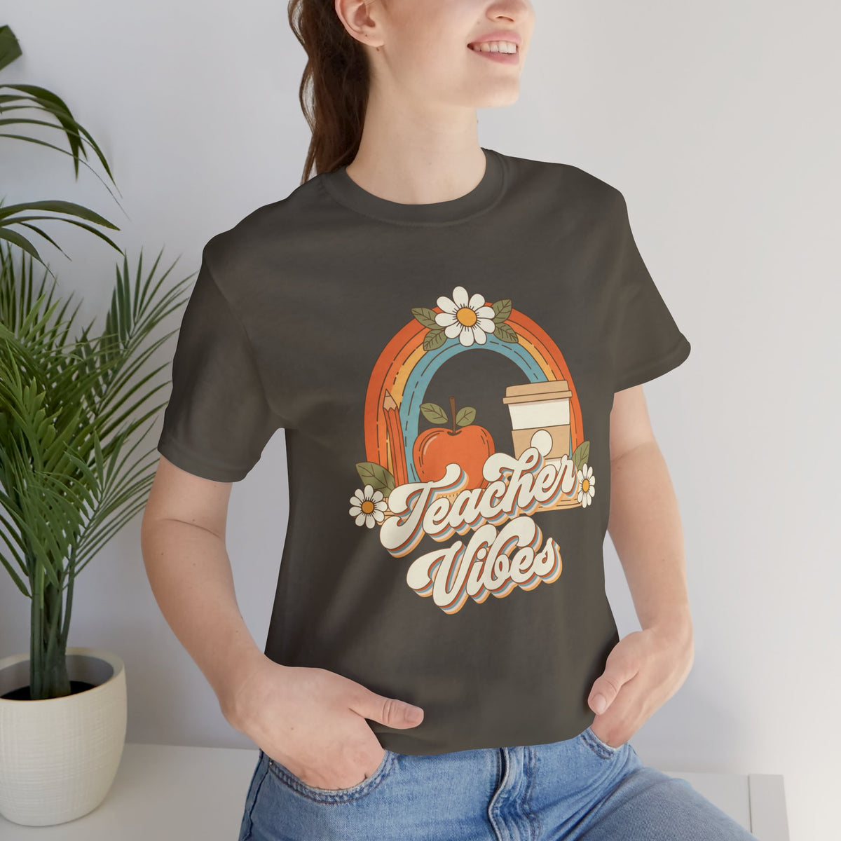 Teacher Vibes retro rainbow apple coffee teacher shirt – color variant 8