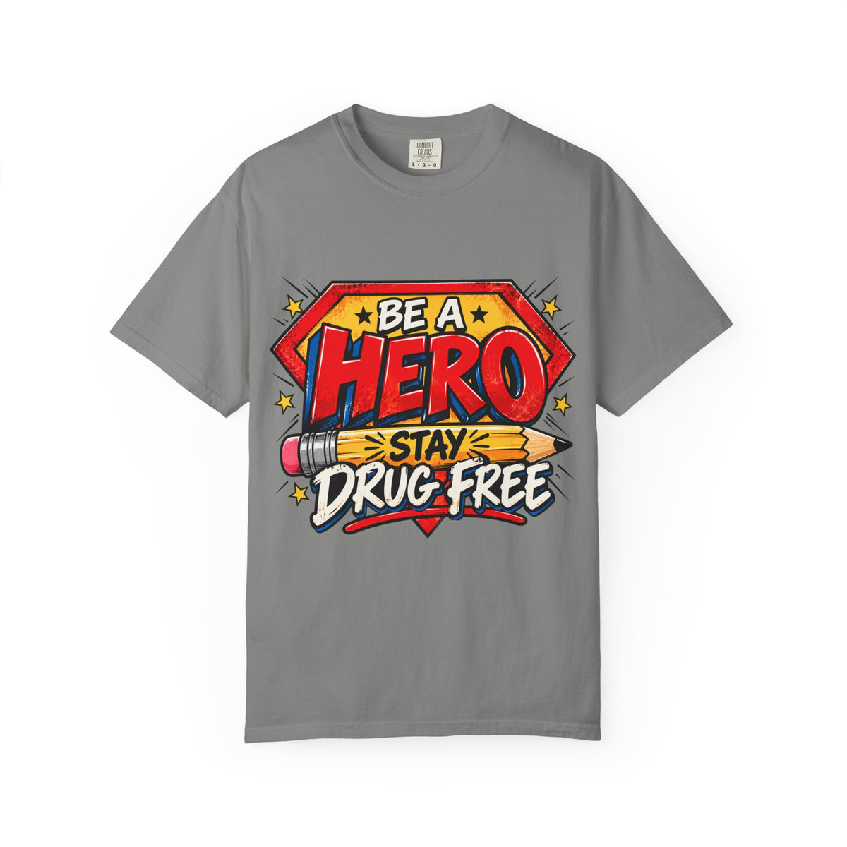 Red Ribbon Week teacher shirt - pencil hero Be a Hero Stay Drug Free design on blue Comfort Colors tee - back view