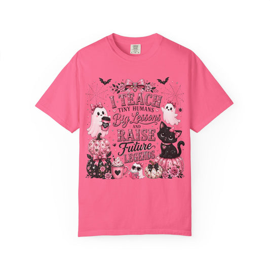 I Teach Tiny Humans Halloween Teacher Shirt | Cute Pink Ghost Comfort Colors Tee | Teacher Gift | Halloween Cat T-Shirt