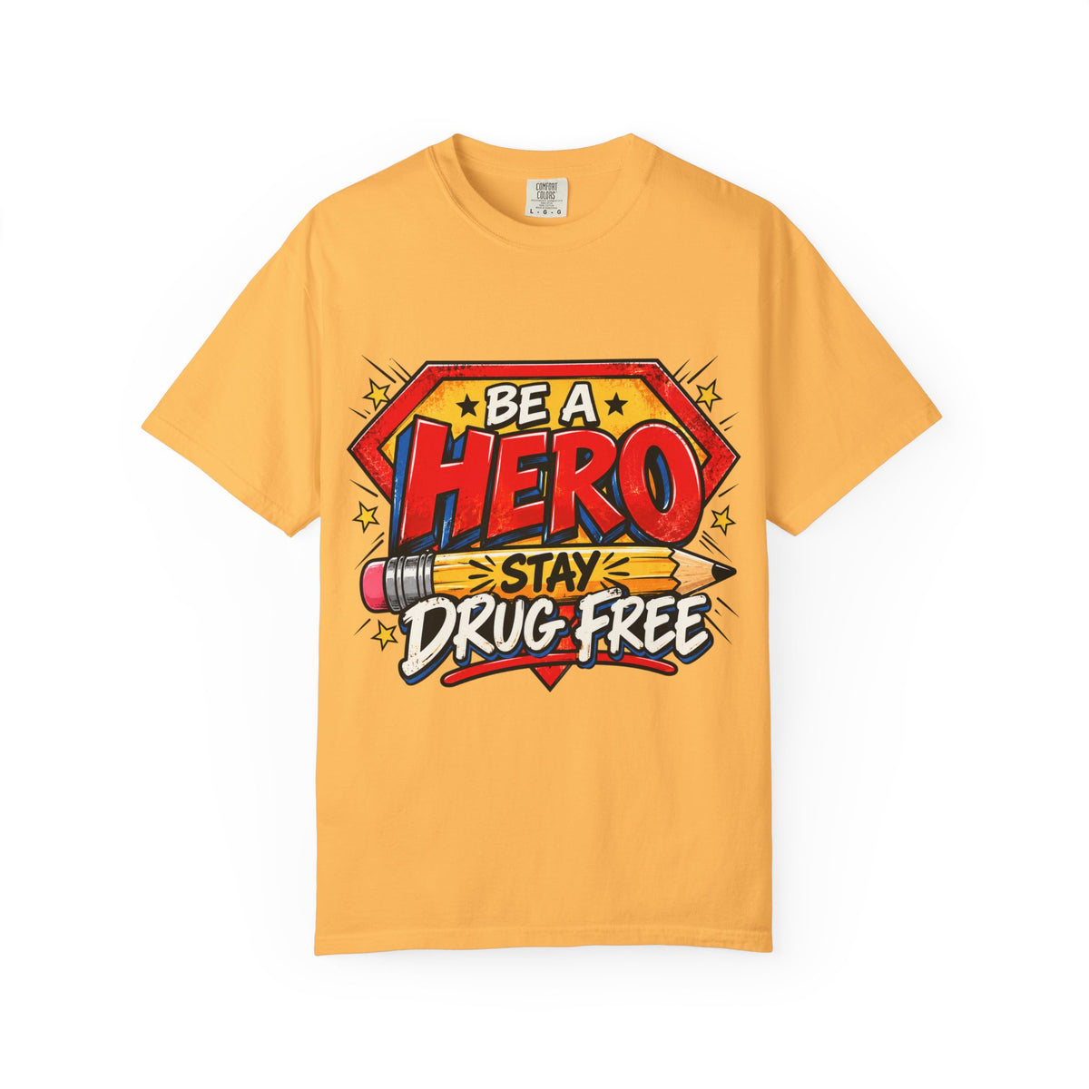 Red Ribbon Week teacher shirt - pencil hero Be a Hero Stay Drug Free design on blue Comfort Colors tee - flat lay