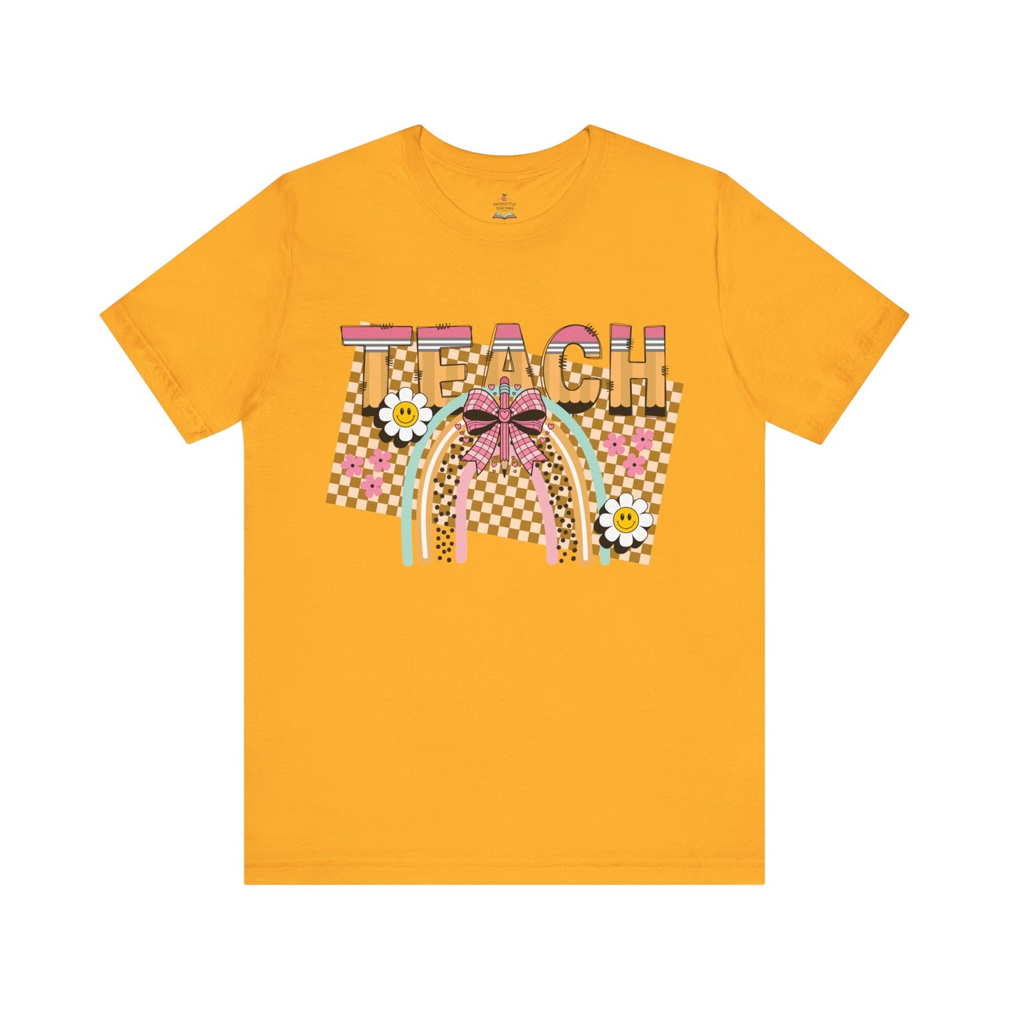 Teach Rainbow T-Shirt — Cute Retro Teacher Tee with Checkered Pattern
