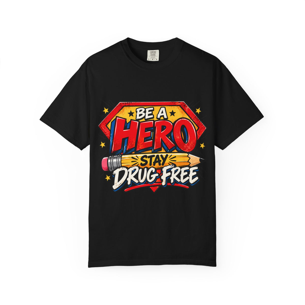Red Ribbon Week teacher shirt - pencil hero Be a Hero Stay Drug Free design on blue Comfort Colors tee - close-up detail