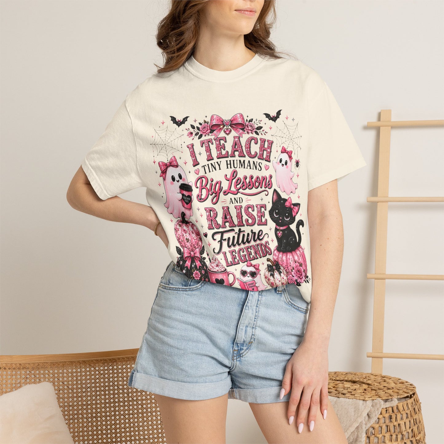 I Teach Tiny Humans Halloween Teacher Shirt | Cute Pink Ghost Comfort Colors Tee | Teacher Gift | Halloween Cat T-Shirt