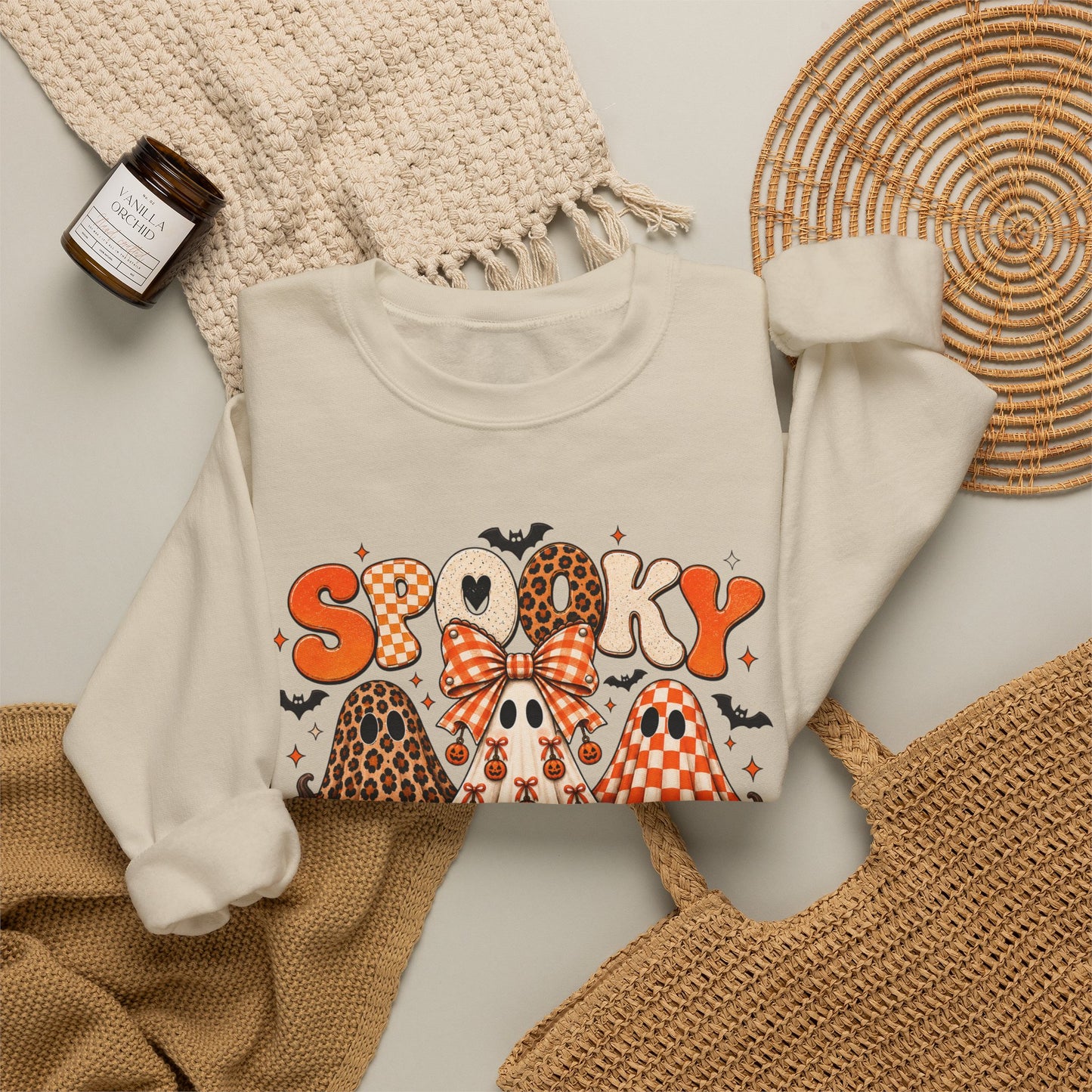 Spooky Season ghost trio Sweatshirt | Halloween pumpkins bats