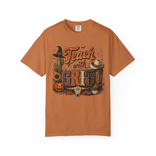 Teach With Grit Shirt | Western Halloween Teacher Tee | Comfort Colors Fall Teacher Shirt | Cowboy Classroom T-Shirt |Teacher Gift