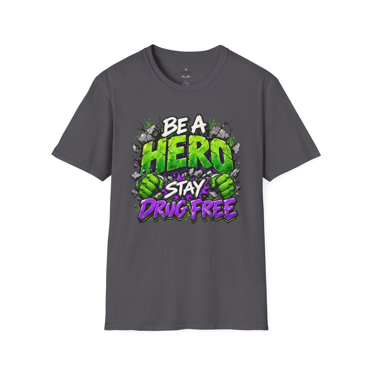 Red Ribbon Week teacher shirt - green smash Be a Hero Stay Drug Free superhero design on charcoal Gildan Softstyle tee - front view