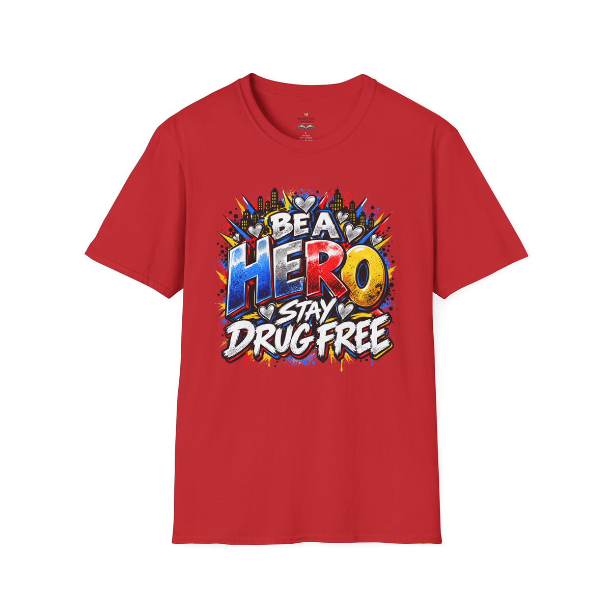 Red Ribbon Week teacher shirt - hero heart Be a Hero Stay Drug Free design on red Gildan Softstyle tee - front view