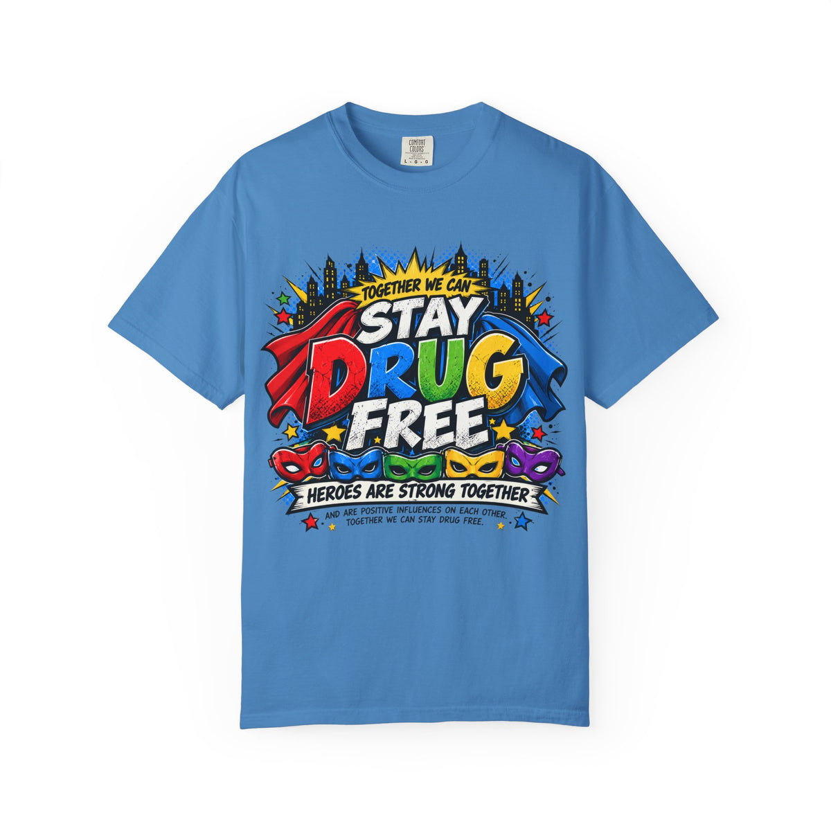 Red Ribbon Week teacher shirt - Together We Can Stay Drug Free heroes strong together comic design on white Comfort Colors tee - view 7