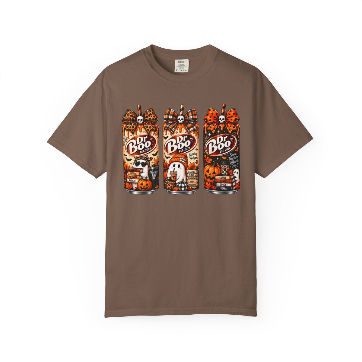 Espresso Comfort Colors 1717 Halloween teacher shirt with retro spooky drink graphic.