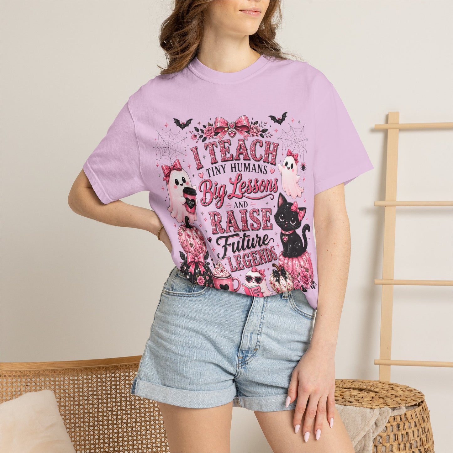 I Teach Tiny Humans Halloween Teacher Shirt | Cute Pink Ghost Comfort Colors Tee | Teacher Gift | Halloween Cat T-Shirt