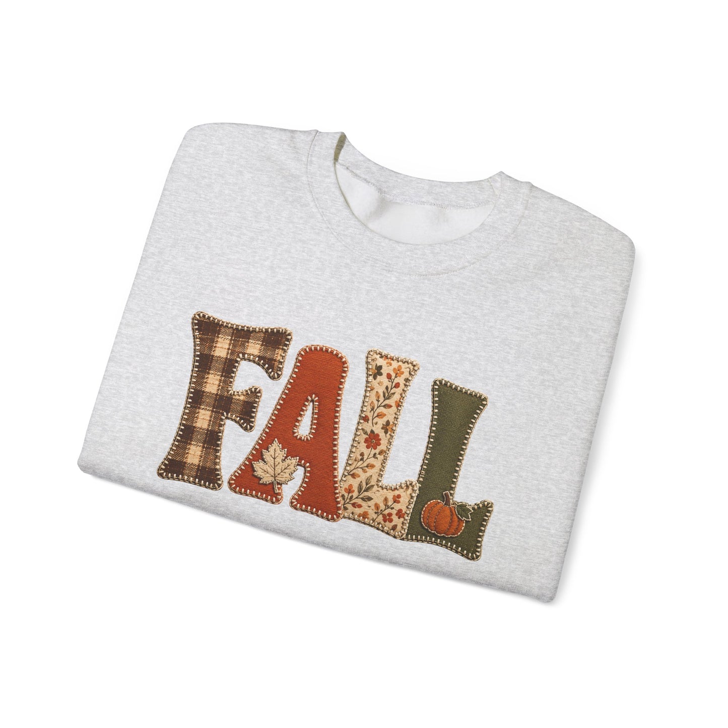 Fall Patchwork Letter Sweatshirt, Autumn Plaid Pumpkin Leaves, Cozy Unisex Crewneck
