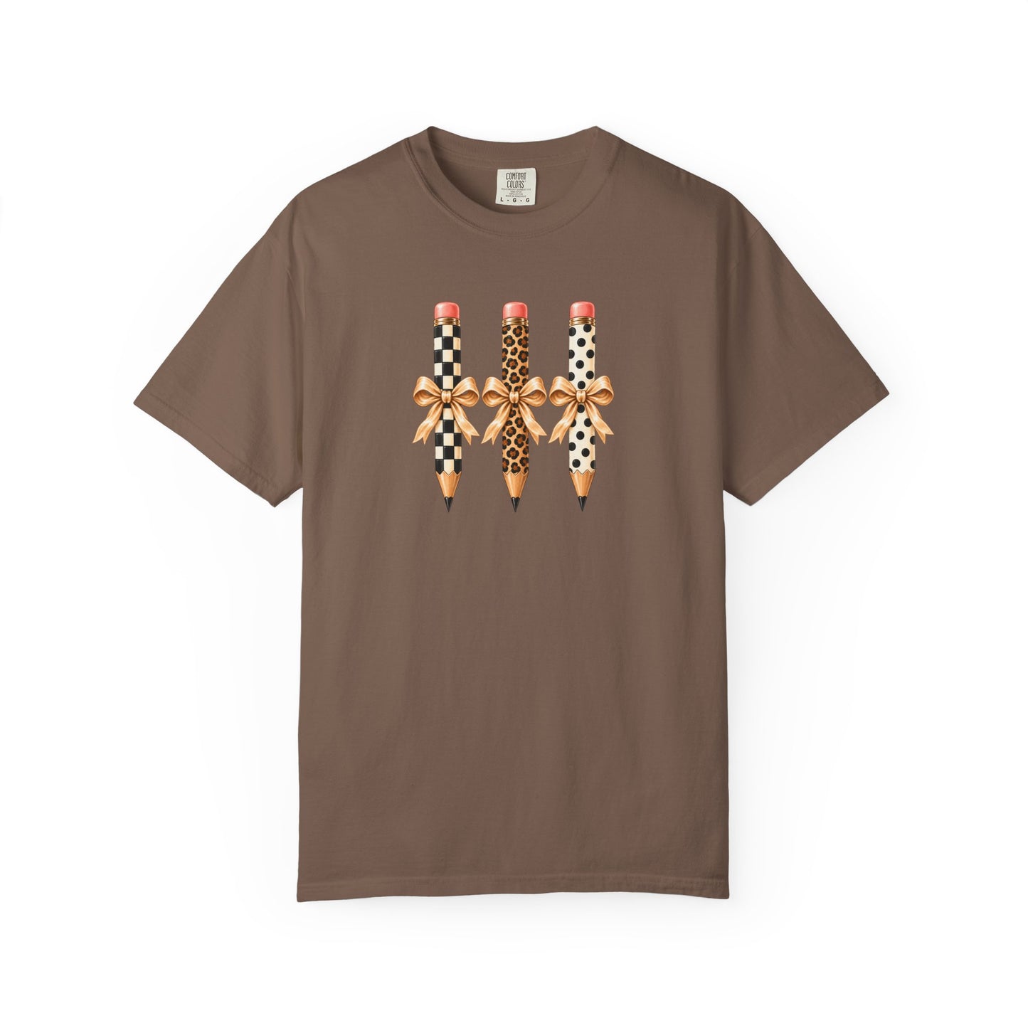 Patterned Pencils with Gold Bows T-shirt | Leopard Checker Polka Dot Pencil Art