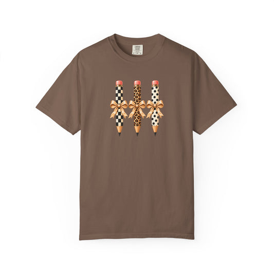 Patterned Pencils with Gold Bows leopard teacher t-shirt – front view