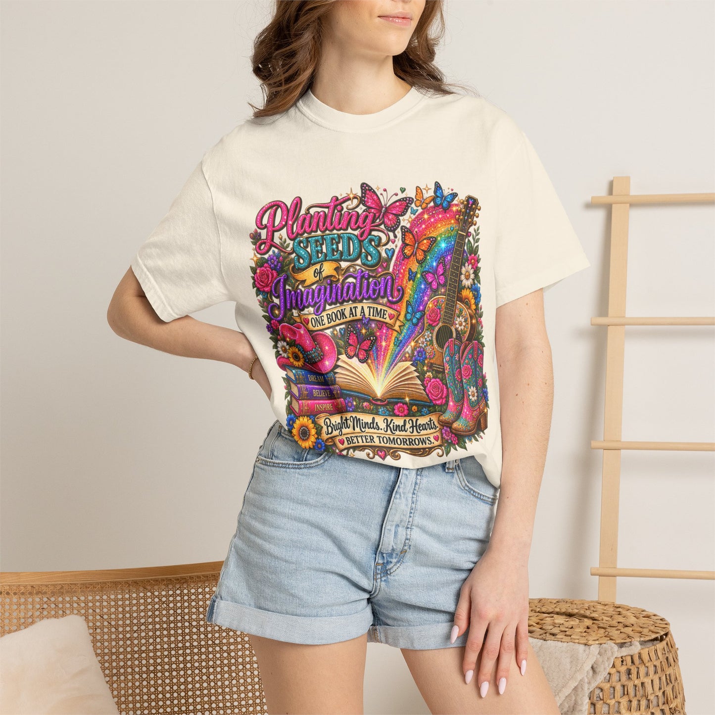 Planting Seeds of Imagination T-shirt, Colorful Book & Boots, Country Western, Guitar Tee