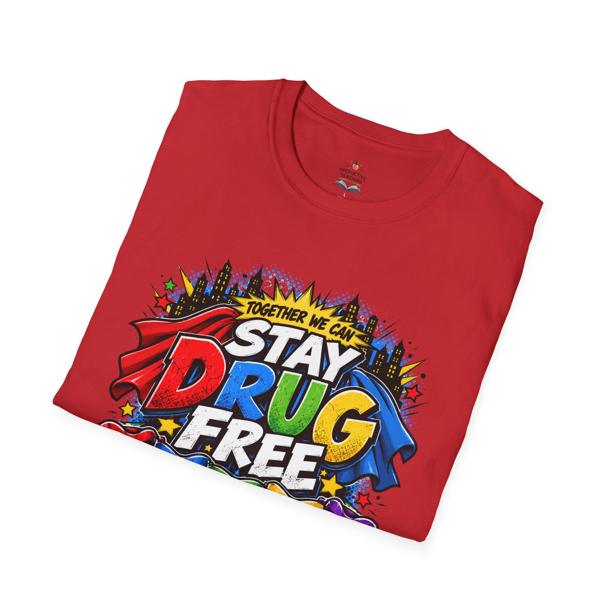 Red Ribbon Week teacher shirt - Together We Can Stay Drug Free heroes design on red Gildan Softstyle tee - folded view