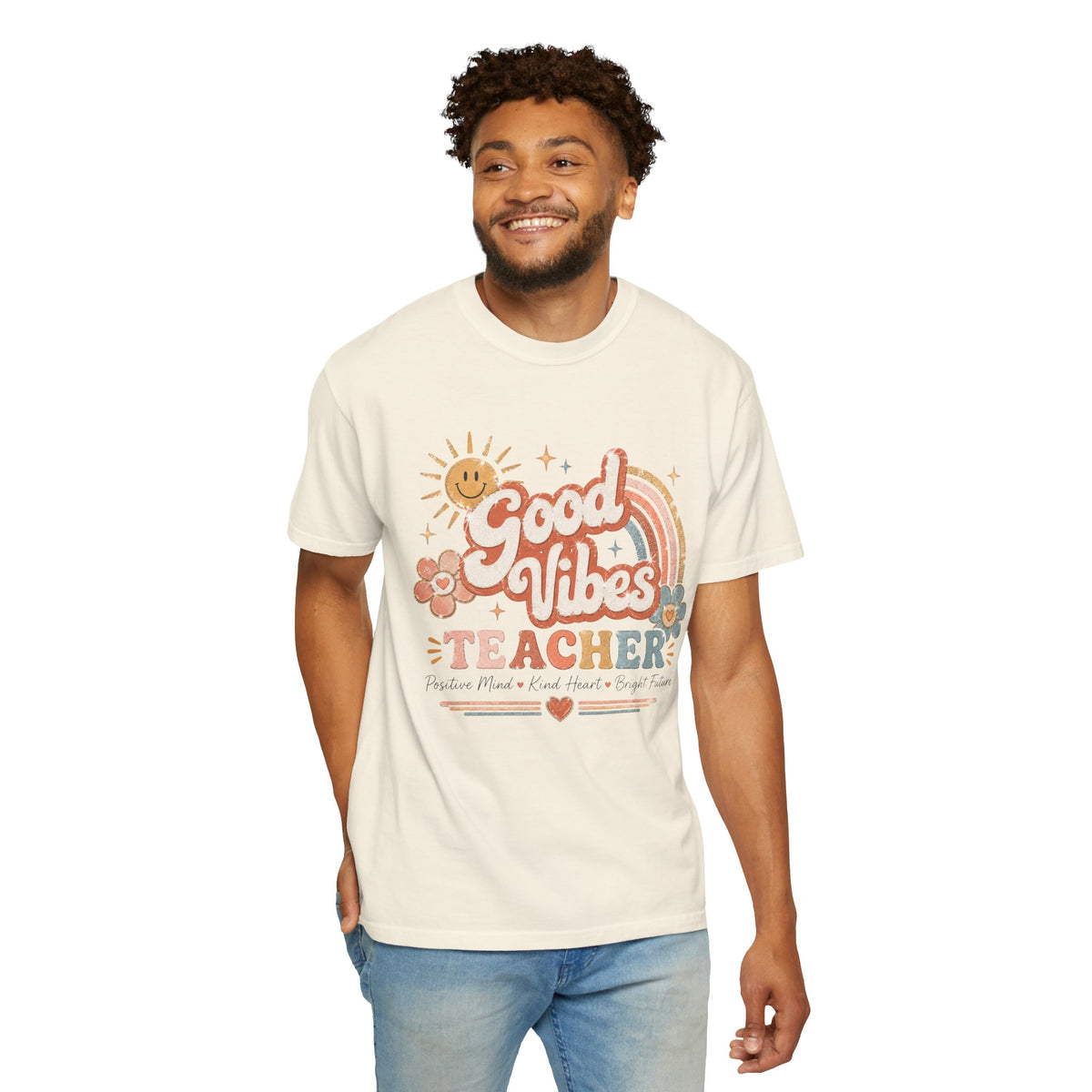 Good Vibes retro sun rainbow teacher shirt – color variant 6