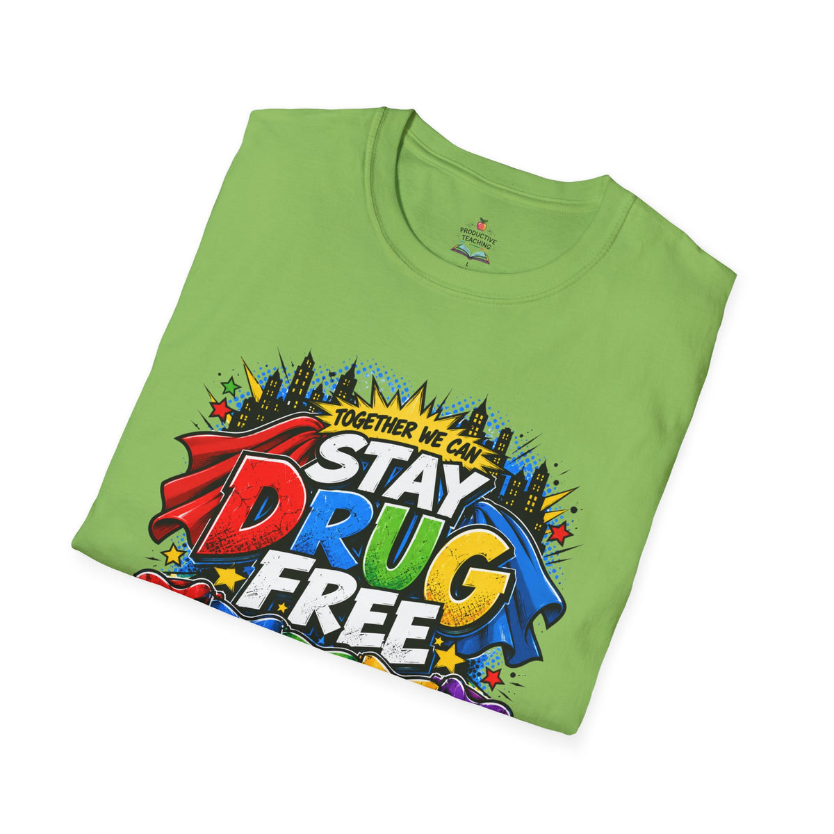 Red Ribbon Week teacher shirt - Together We Can Stay Drug Free heroes design on lime Gildan Softstyle tee - folded view