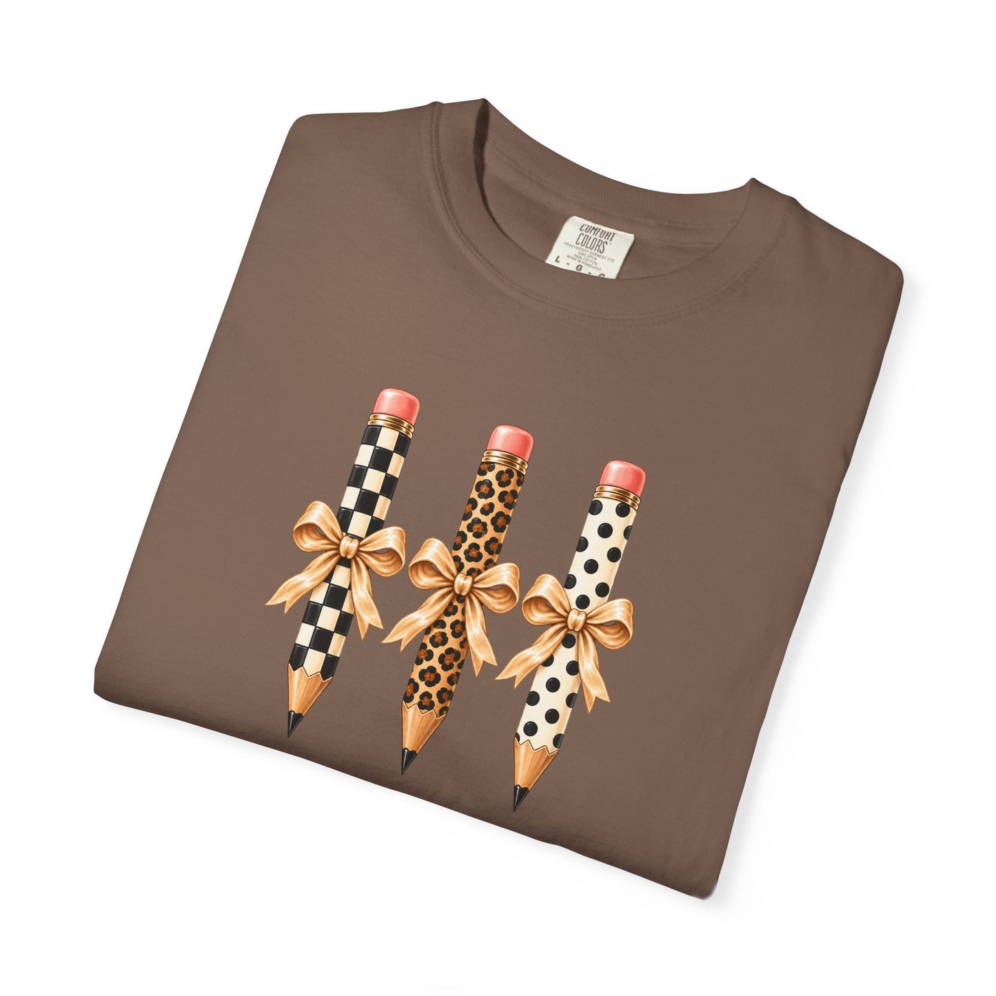 Patterned Pencils with Gold Bows T-shirt | Leopard Checker Polka Dot Pencil Art