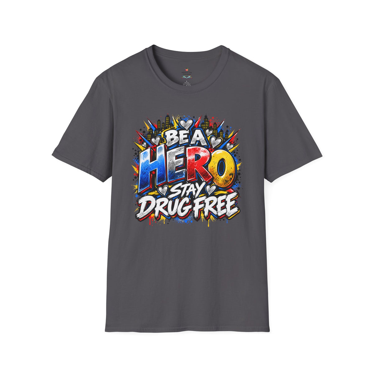 Red Ribbon Week teacher shirt - hero heart Be a Hero Stay Drug Free design on charcoal Gildan Softstyle tee - front view