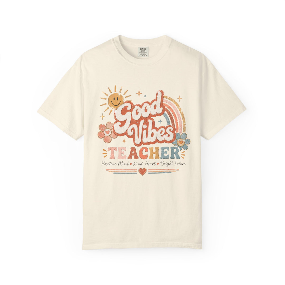Good Vibes retro sun rainbow teacher shirt – front view