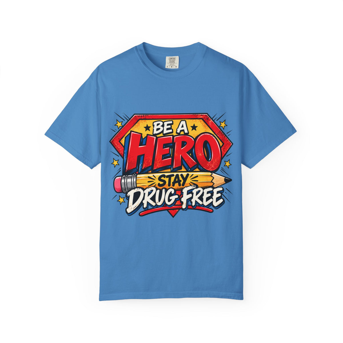 Red Ribbon Week teacher shirt - pencil hero Be a Hero Stay Drug Free design on blue Comfort Colors tee - view 11